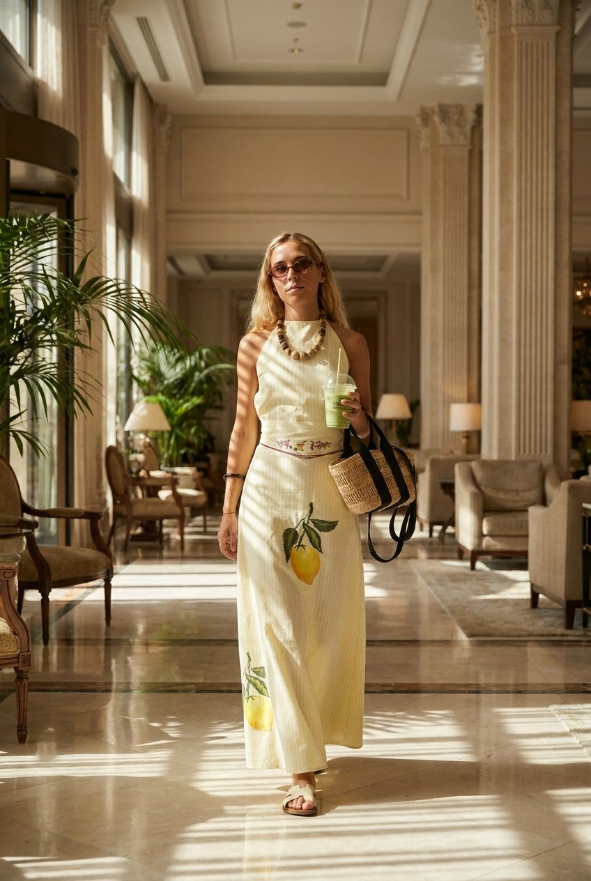 Mediterranean Lemon Print Halter Maxi Dress
