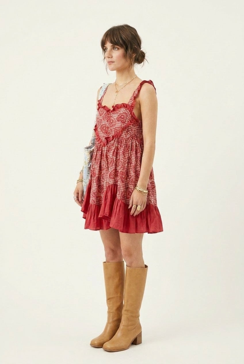 Women's Boho Cotton Gingham Mini Dress with Heart Ruffle Trim