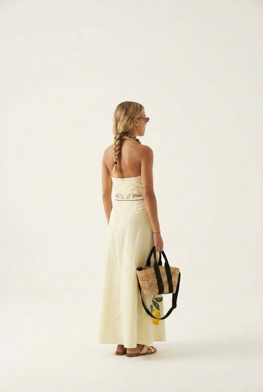 Mediterranean Lemon Print Halter Maxi Dress