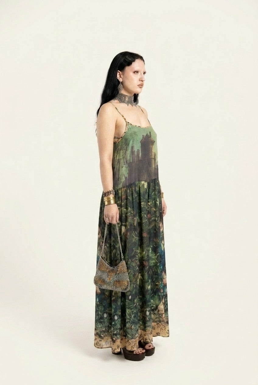 Castle Landscape Print Maxi Slip Dress