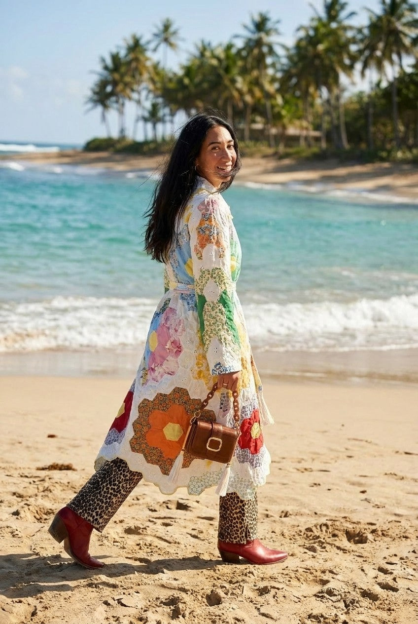 Patchwork Eyelet Scalloped Belted Coat
