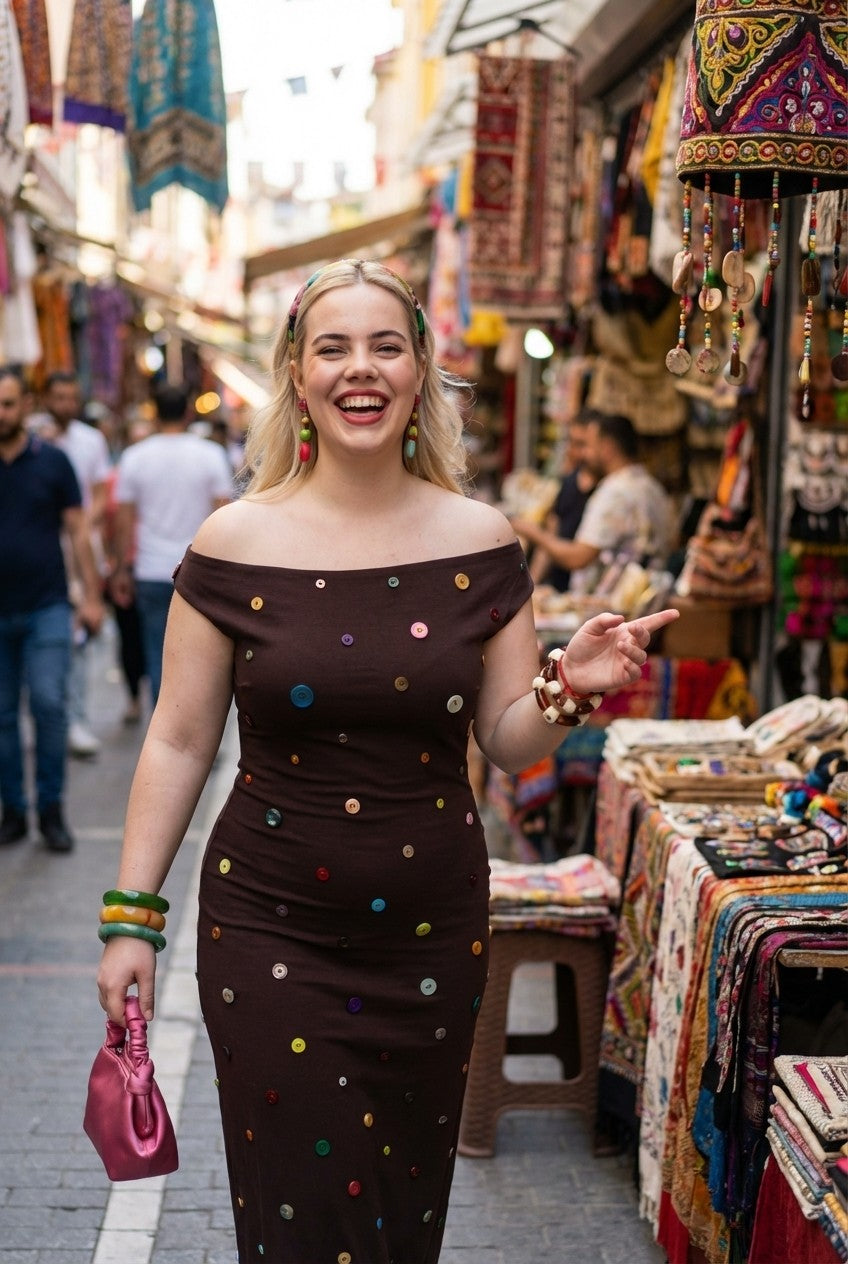 Boho Charm Off-Shoulder Maxi Dress with Colorful Buttons