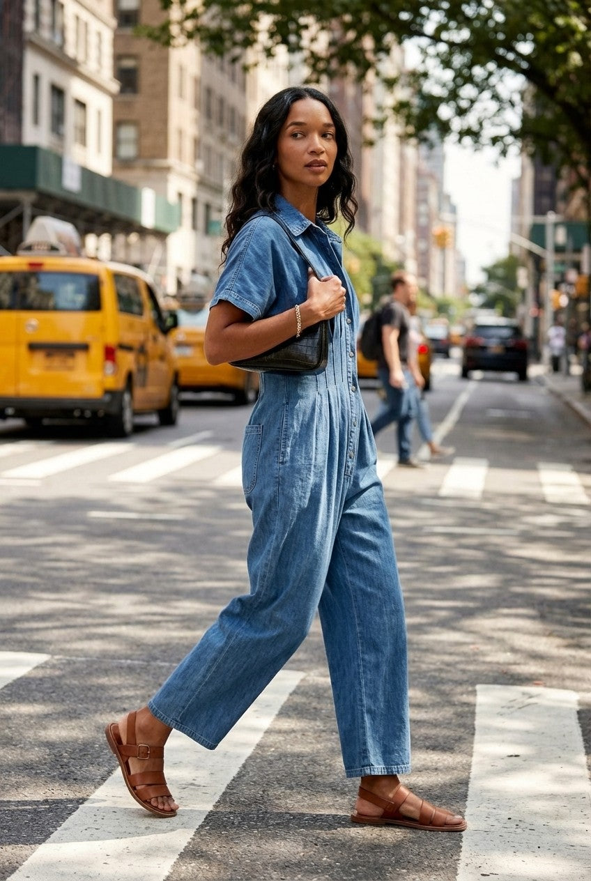 Arden Soft Denim Pleated Waist Jumpsuit