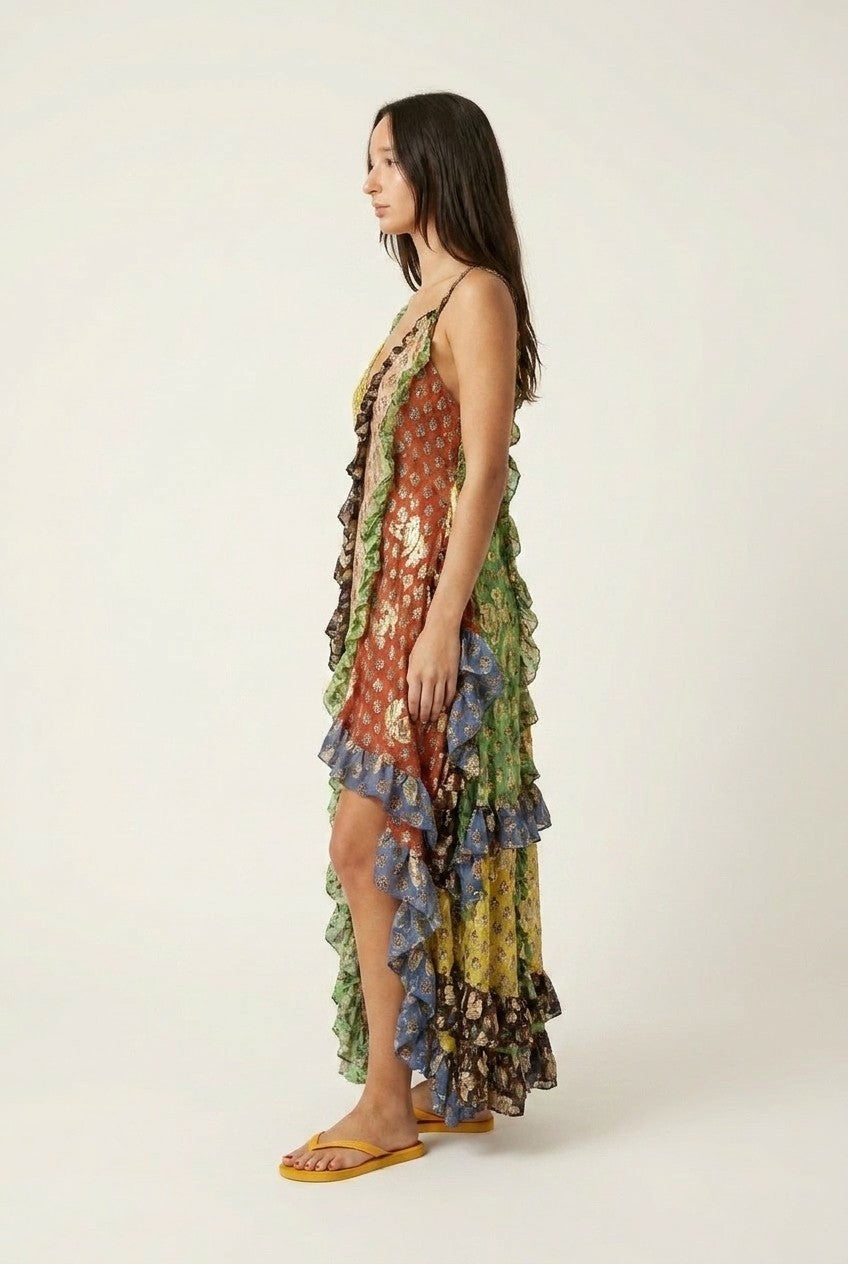 Patchwork High-Low Ruffle Maxi Dress