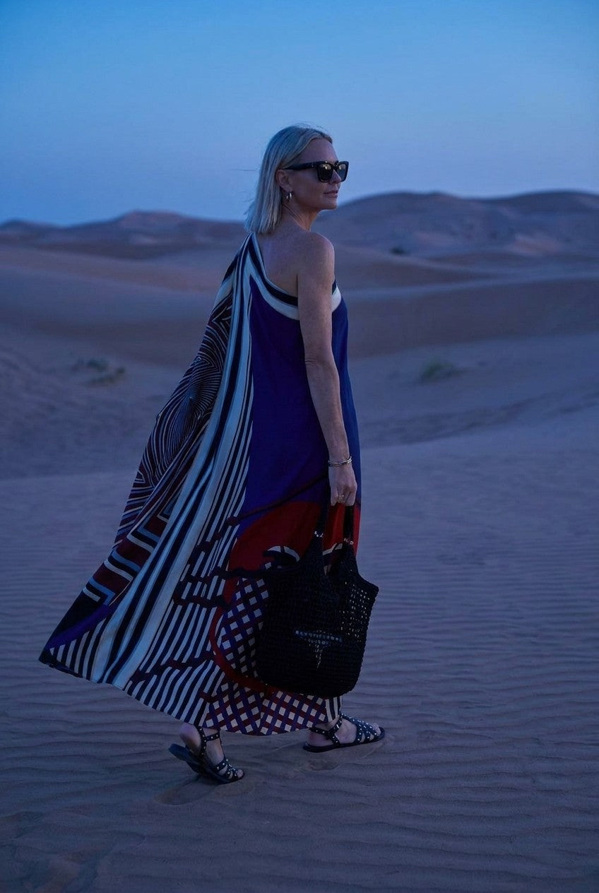 Women's One-Shoulder Silky Geometric Maxi Dress Flowy Vacation Kaftan