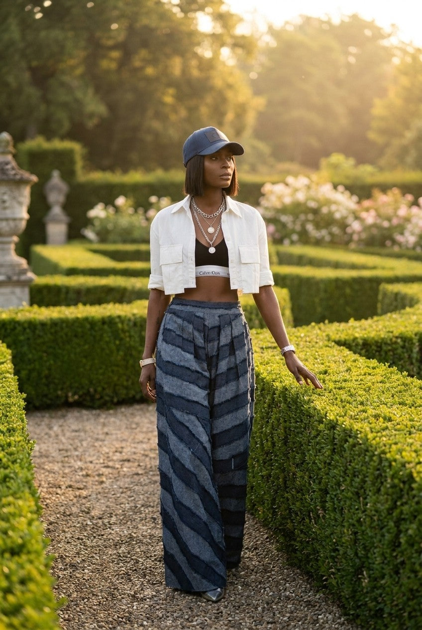 Patchwork High-Waisted Wide-Leg Denim Pants
