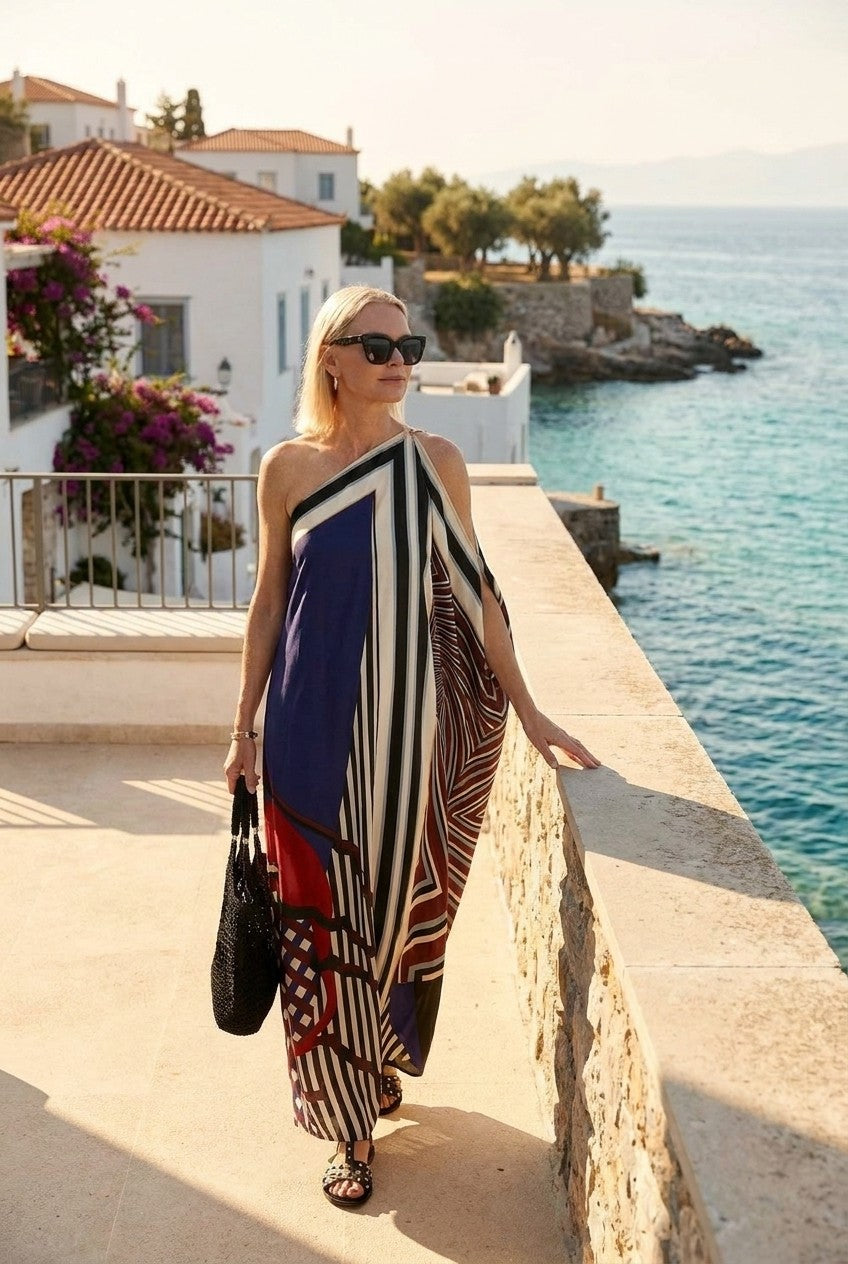 Women's One-Shoulder Silky Geometric Maxi Dress Flowy Vacation Kaftan