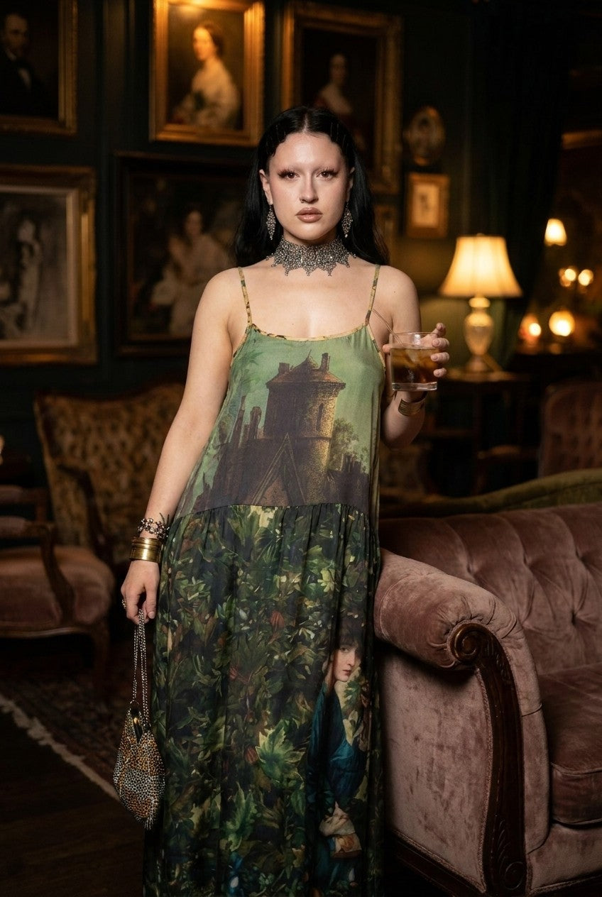 Castle Landscape Print Maxi Slip Dress