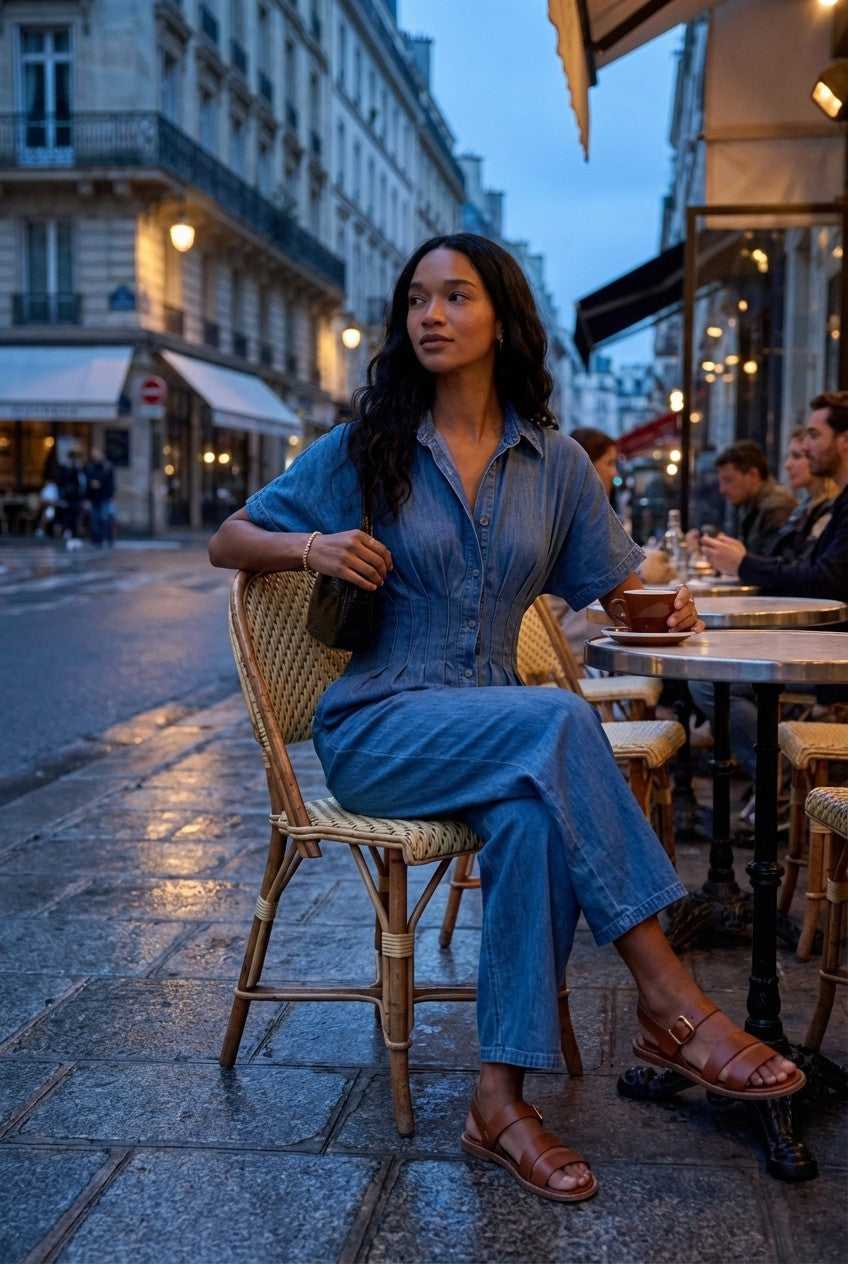 Arden Soft Denim Pleated Waist Jumpsuit