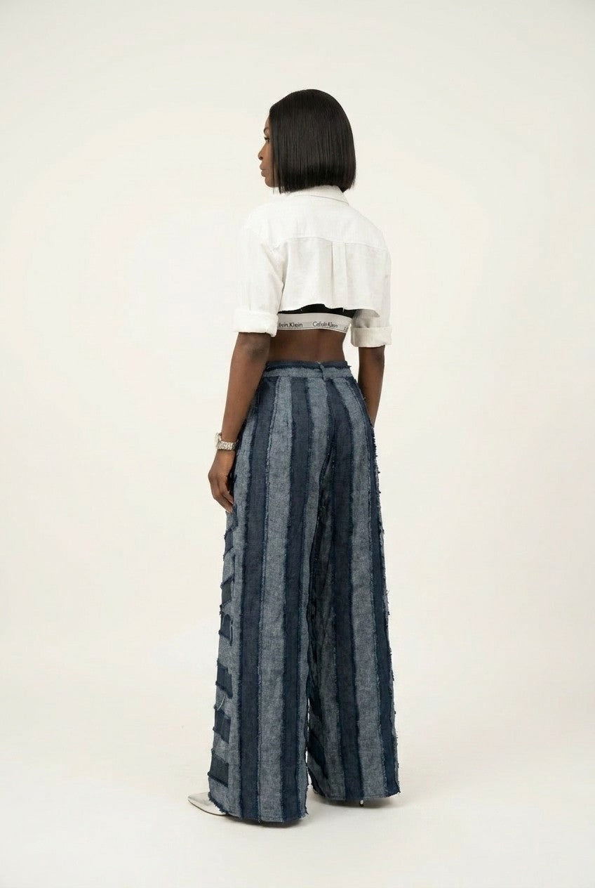 Patchwork High-Waisted Wide-Leg Denim Pants