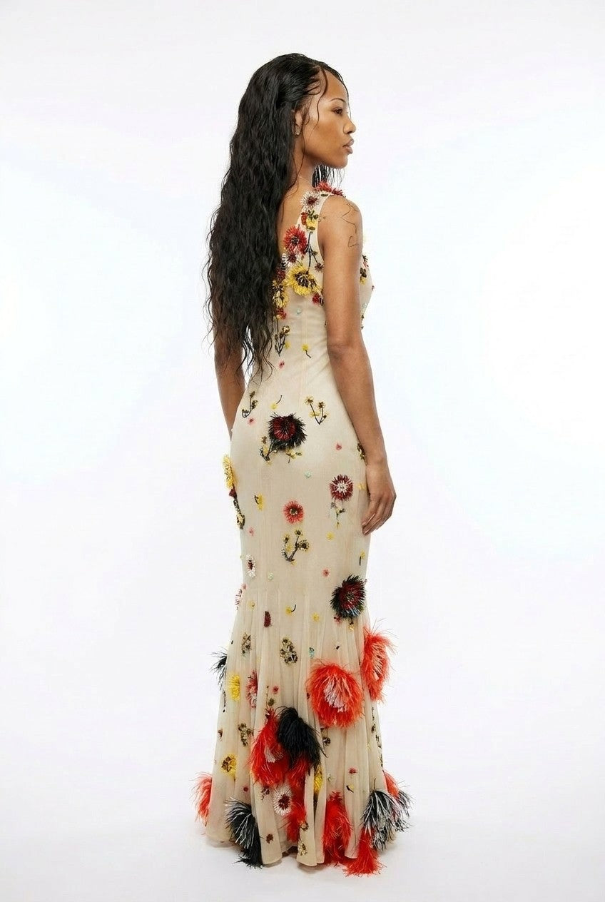 Floral Embroidered Tulle V-Neck Feather Trim Gown
