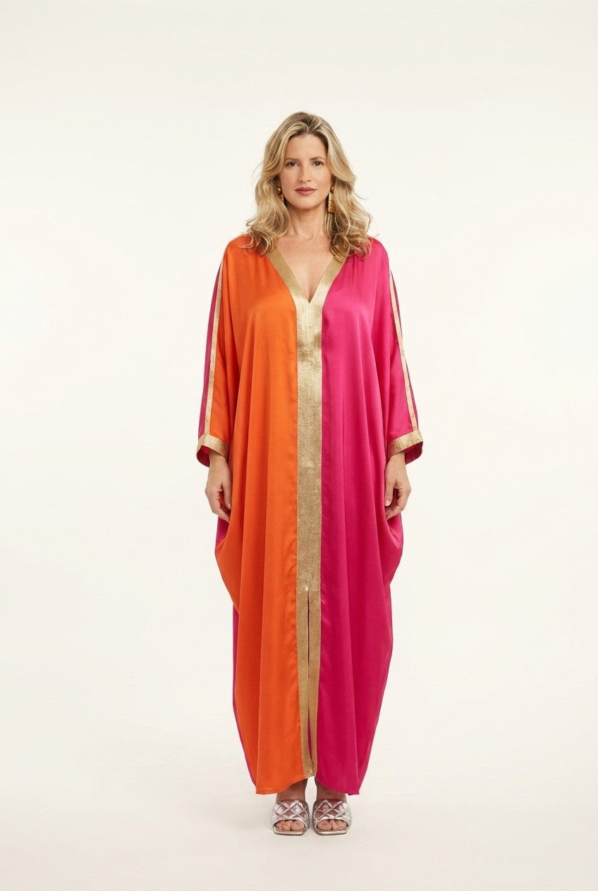 Colorblock Satin V-Neck Kaftan Dress