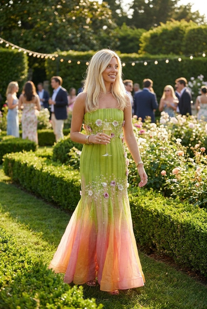 Strapless Floral Appliqué Ombre Pleated Maxi Dress