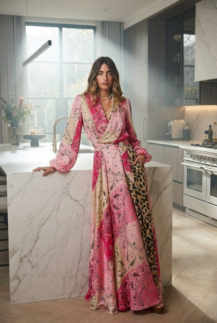 Mixed Print Satin Wrap Maxi Dress