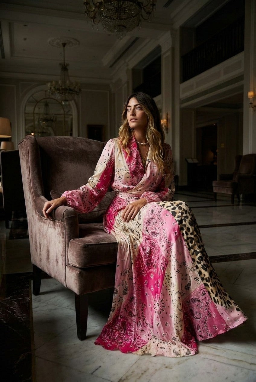 Mixed Print Satin Wrap Maxi Dress