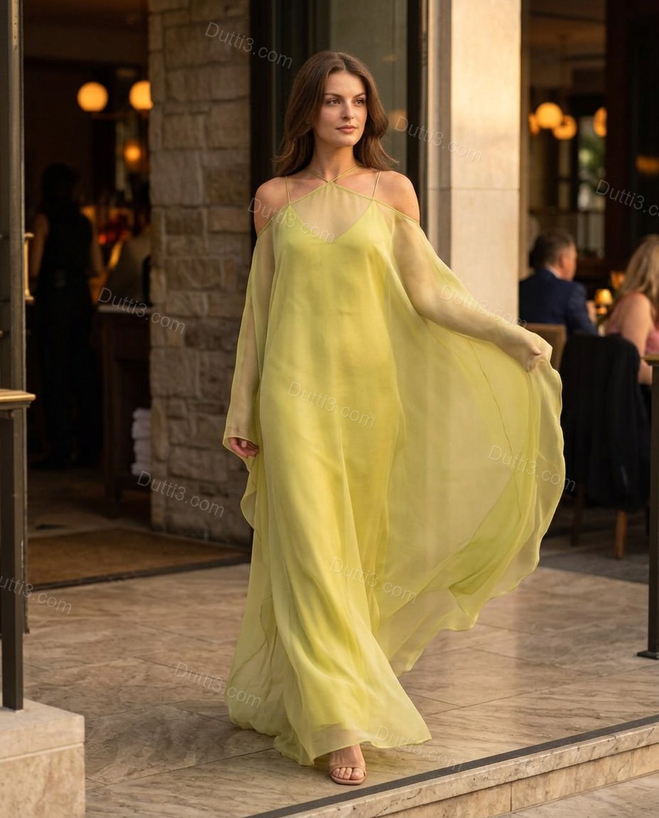 Chartreuse Polished Sheer Flowing Dress by Dutti3