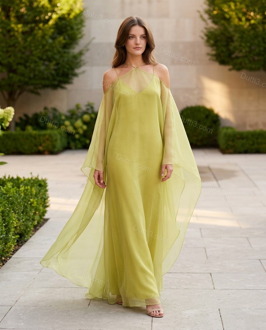 Chartreuse Polished Sheer Flowing Dress by Dutti3