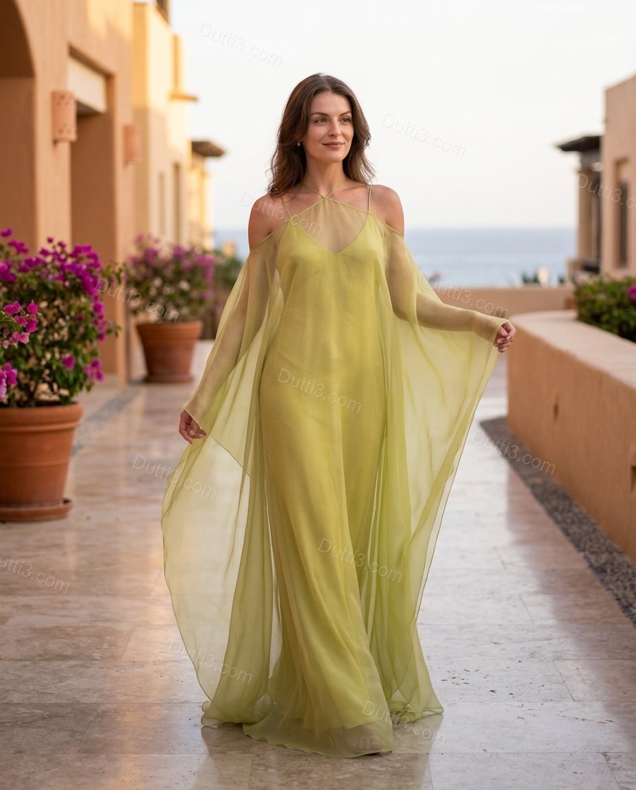 Chartreuse Polished Sheer Flowing Dress by Dutti3