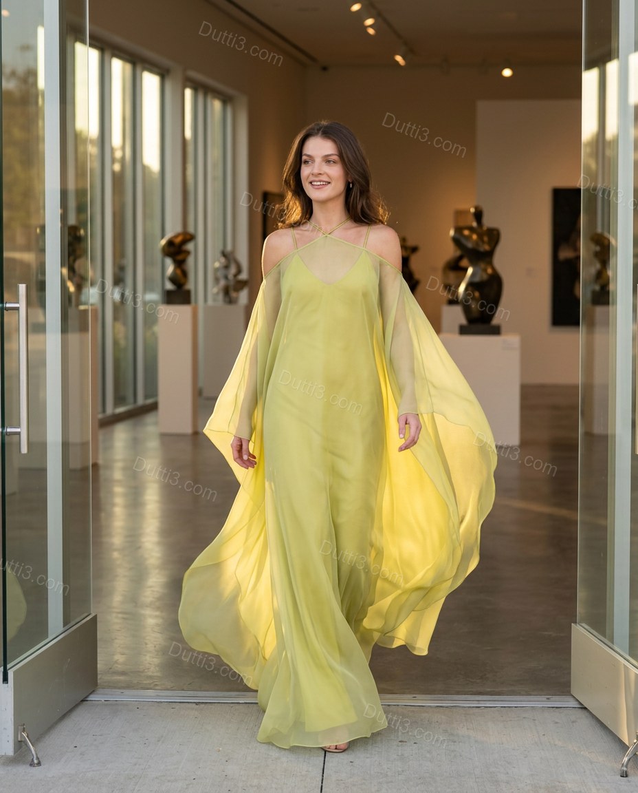 Chartreuse Polished Sheer Flowing Dress by Dutti3