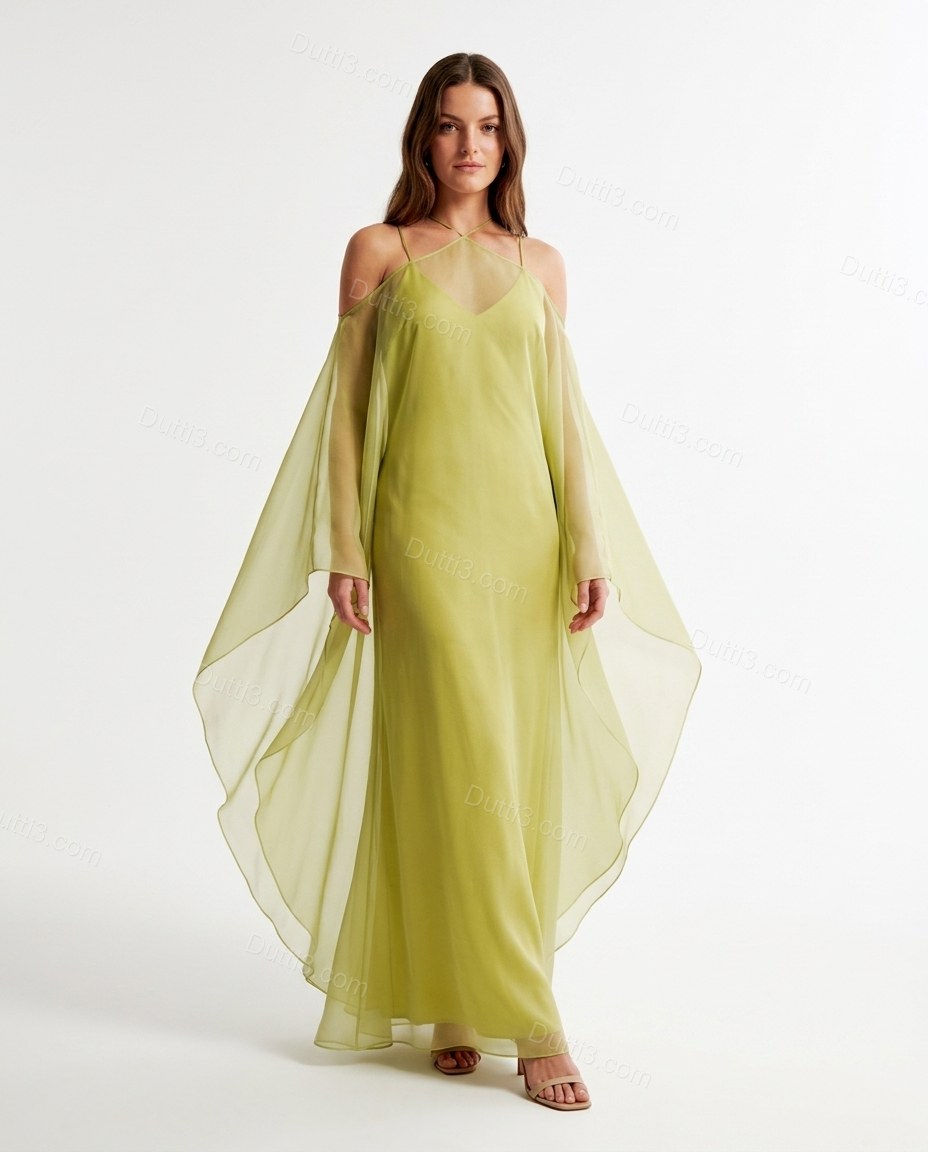 Chartreuse Polished Sheer Flowing Dress by Dutti3