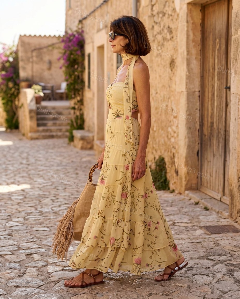 Light Yellow Floral Maxi Halter Dress, three-quarter brand lifestyle view, by Dutti3