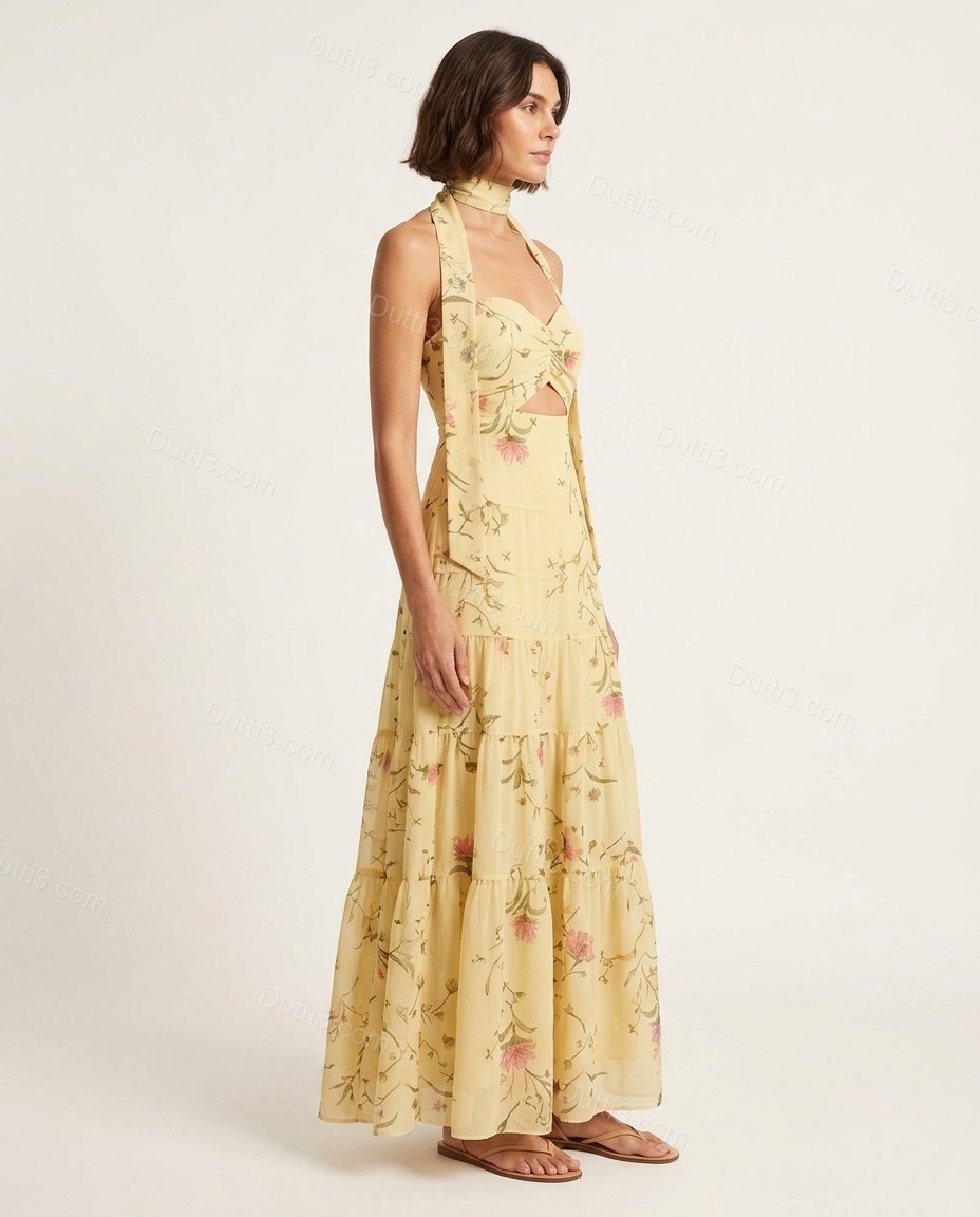 Light Yellow Floral Maxi Halter Dress, side and back studio view, by Dutti3