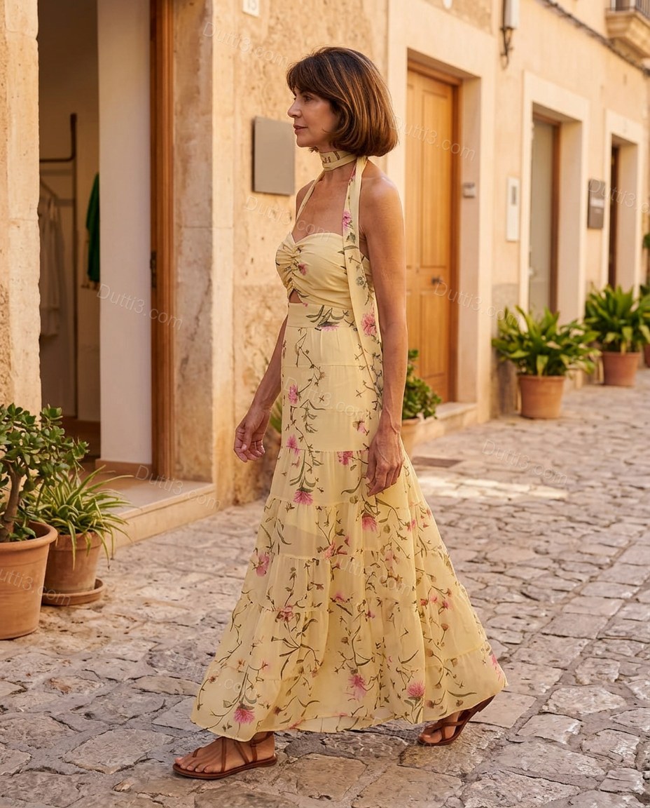 Light Yellow Floral Maxi Halter Dress, movement and fit lifestyle view, by Dutti3