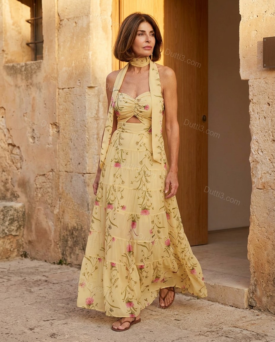 Light Yellow Floral Maxi Halter Dress, alternate use-case lifestyle view, by Dutti3