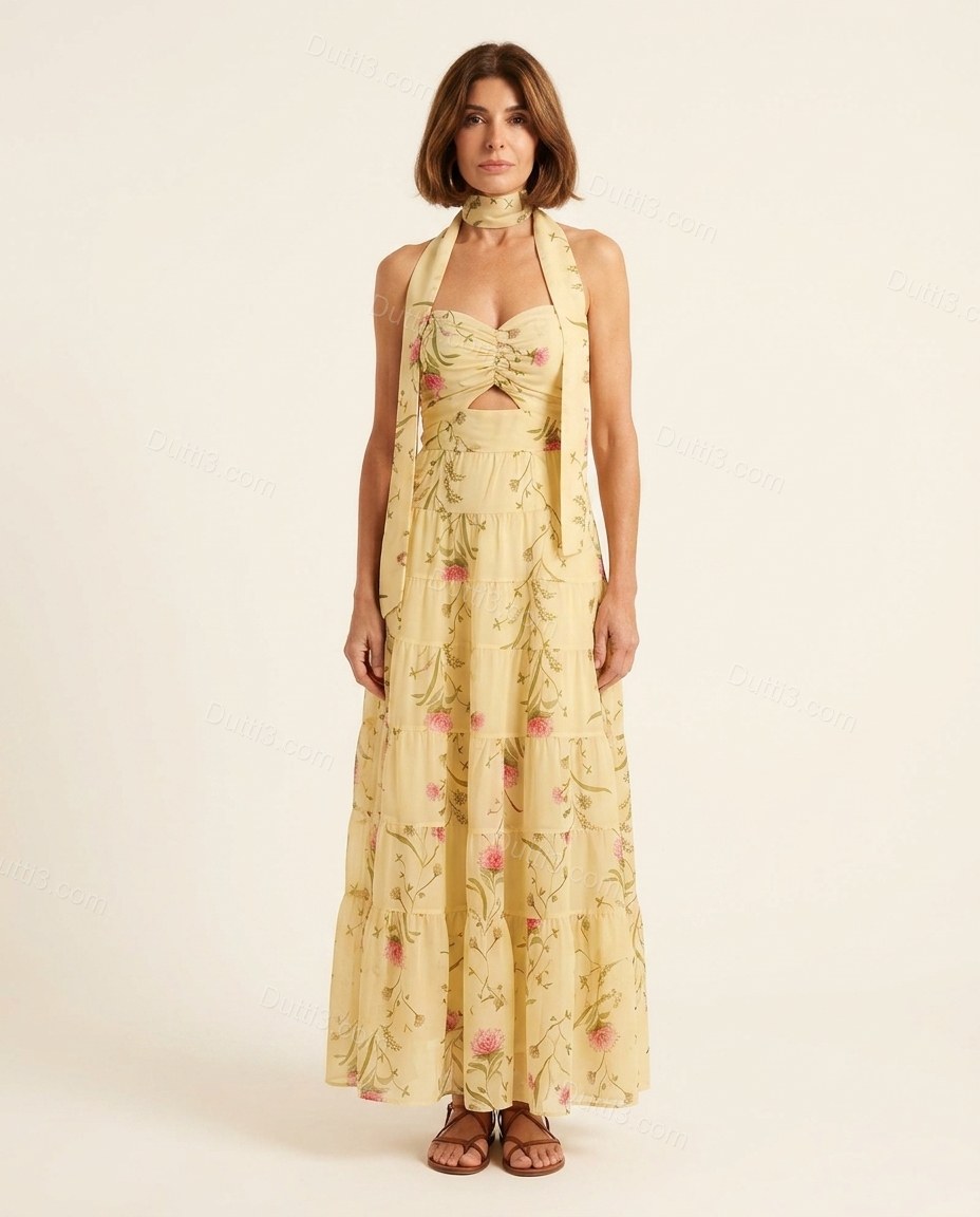 Light Yellow Floral Maxi Halter Dress, front studio view, by Dutti3