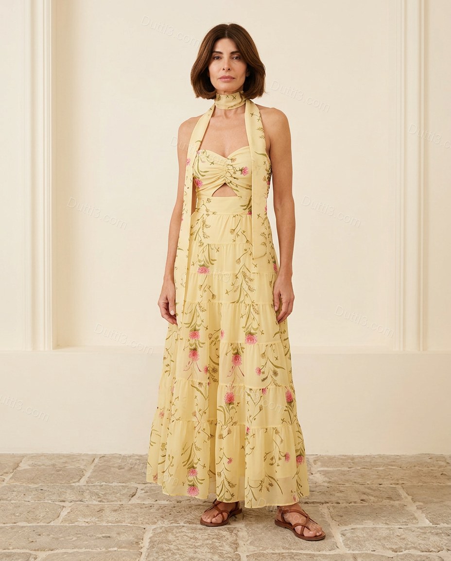 Light Yellow Floral Maxi Halter Dress, full-length hero view, by Dutti3
