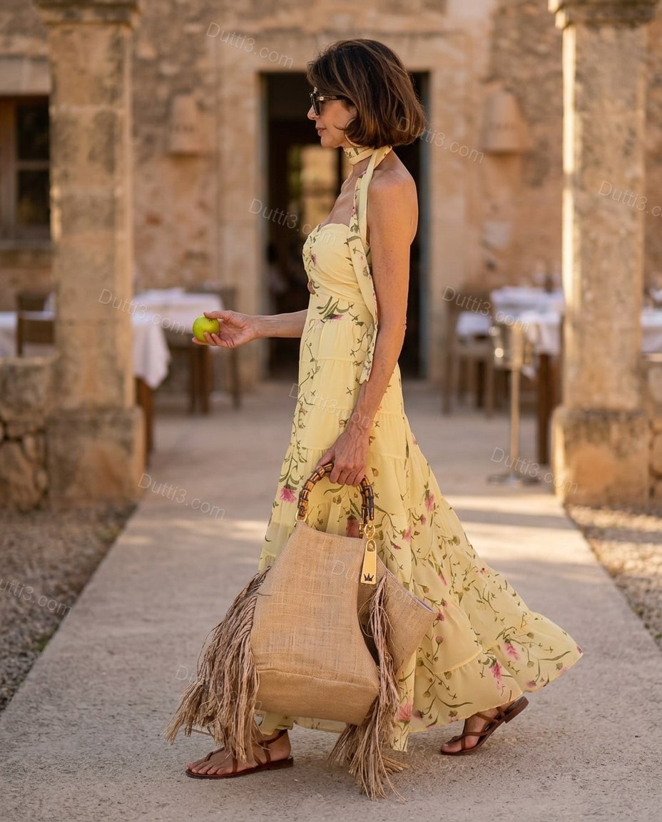 Light Yellow Floral Maxi Halter Dress, walking lifestyle view, by Dutti3
