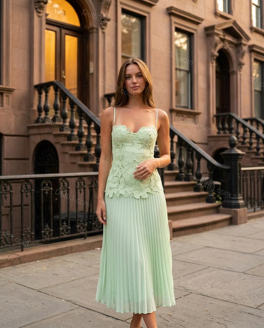 Light Green Soft Lace Maxi Dress by Dutti3
