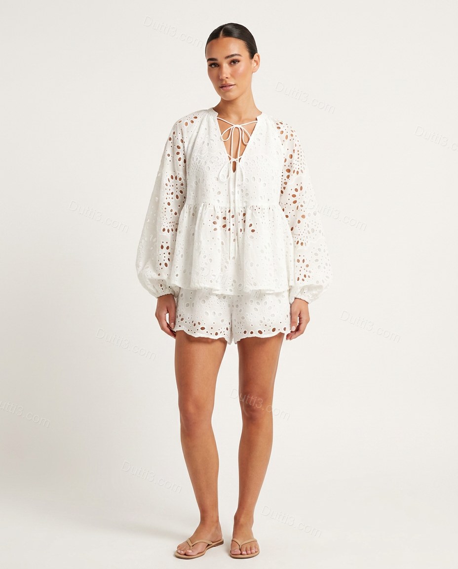 White Romantic Floral Embroidered Short Set White Short Set with Relaxed Fit silhouette and Textured texture, clean studio product view for Day-to-Night, a dinner reservation, Fall late-summer city plans and early-fall occasions, Euro Chic Premium by Dutti3