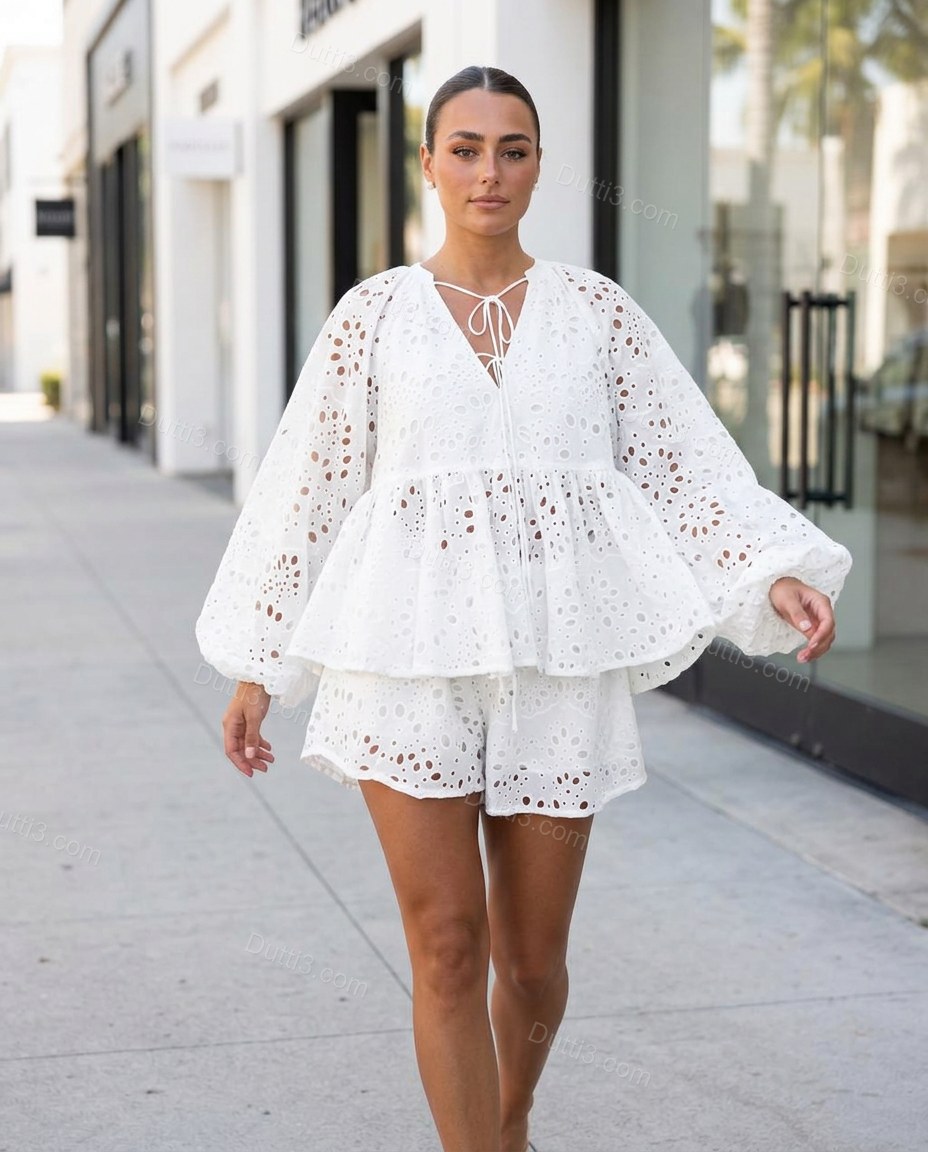 White Romantic Floral Embroidered Short Set White Short Set with Relaxed Fit silhouette and Textured texture, lifestyle scene image for Day-to-Night, a dinner reservation, Fall late-summer city plans and early-fall occasions, Euro Chic Premium by Dutti3