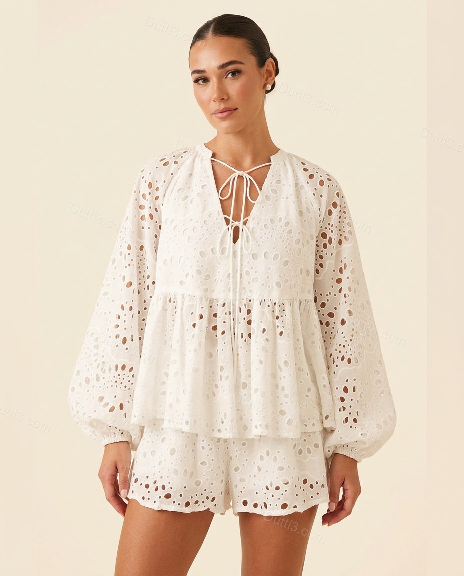White Romantic Floral Embroidered Short Set White Short Set with Relaxed Fit silhouette and Textured texture, front view product image for Day-to-Night, a dinner reservation, Fall late-summer city plans and early-fall occasions, Euro Chic Premium by Dutti3