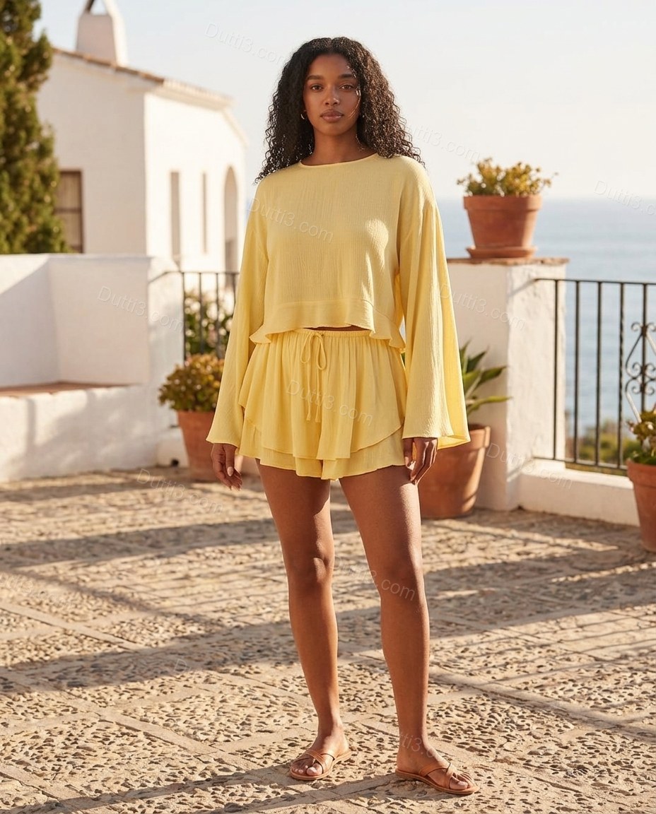 Yellow Sunlit Tiered Short Set by Dutti3