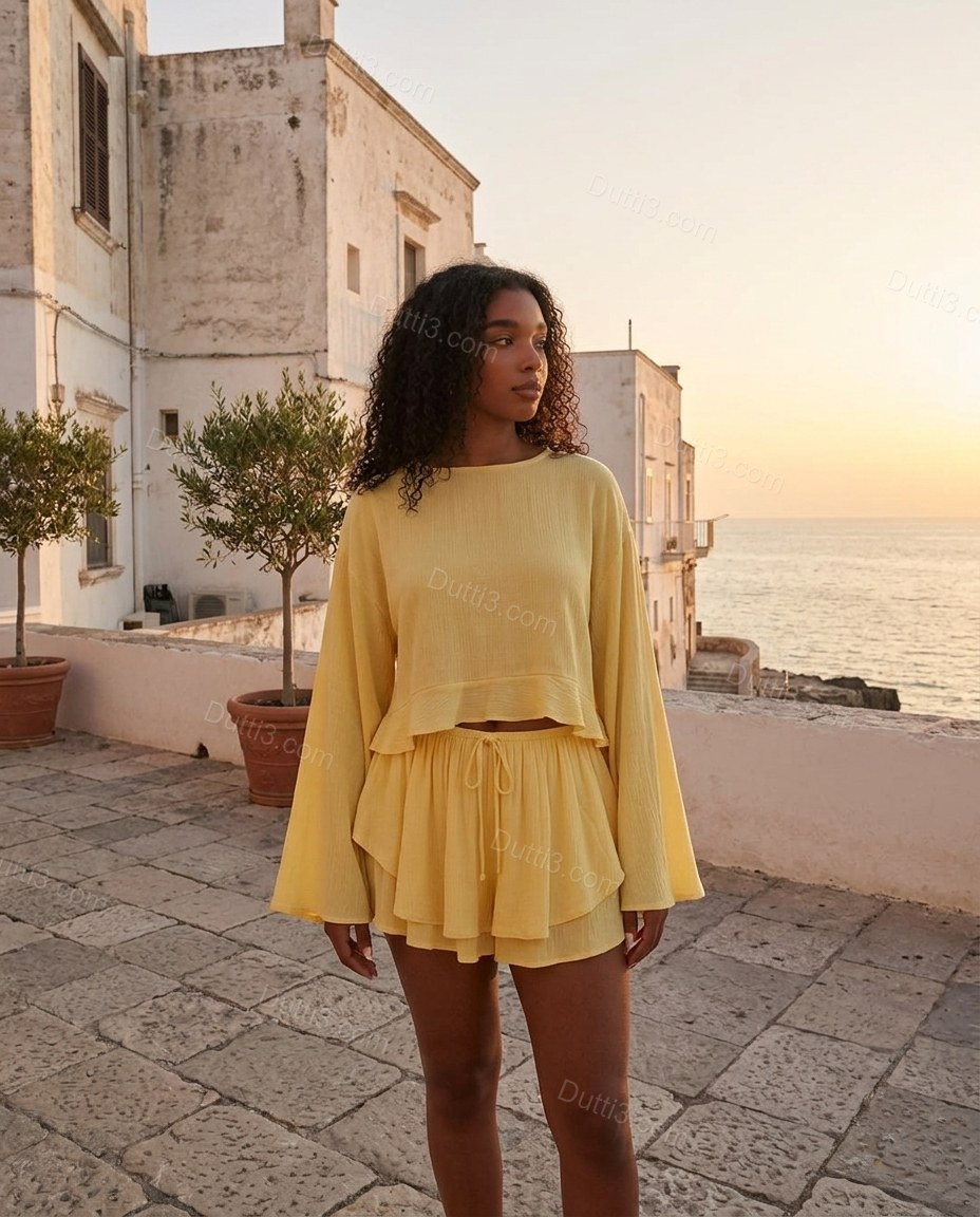 Yellow Sunlit Tiered Short Set by Dutti3
