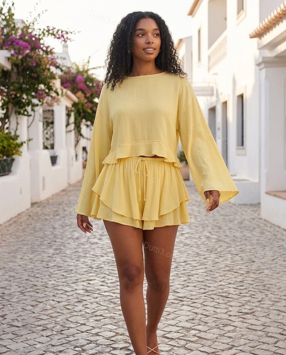 Yellow Sunlit Tiered Short Set by Dutti3