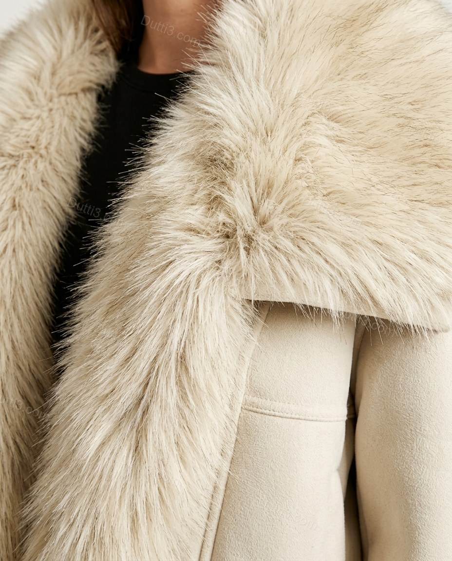 Warm Cream Ivory Jacket, close-up of pale beige and light tan fur accents, oversized long-pile ivory shawl collar and long shaggy trim down both front edges, by Dutti3
