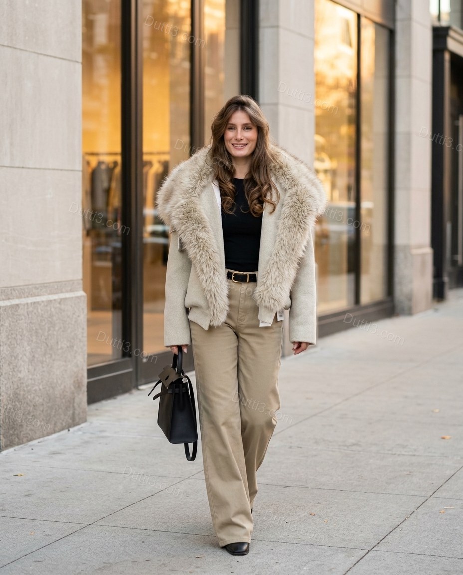 Warm Cream Ivory Jacket, three-quarter brand lifestyle view, by Dutti3