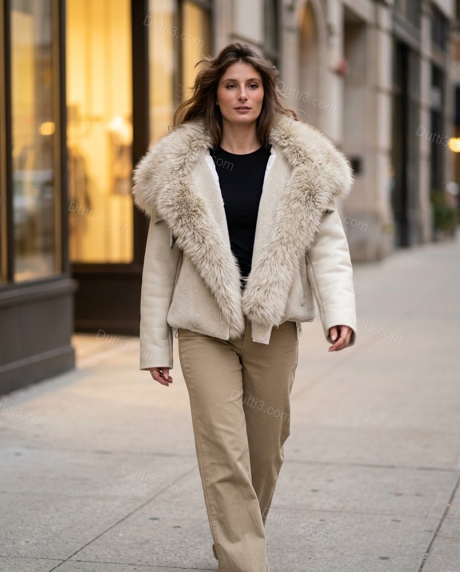 Warm Cream Ivory Jacket, walking lifestyle view, by Dutti3