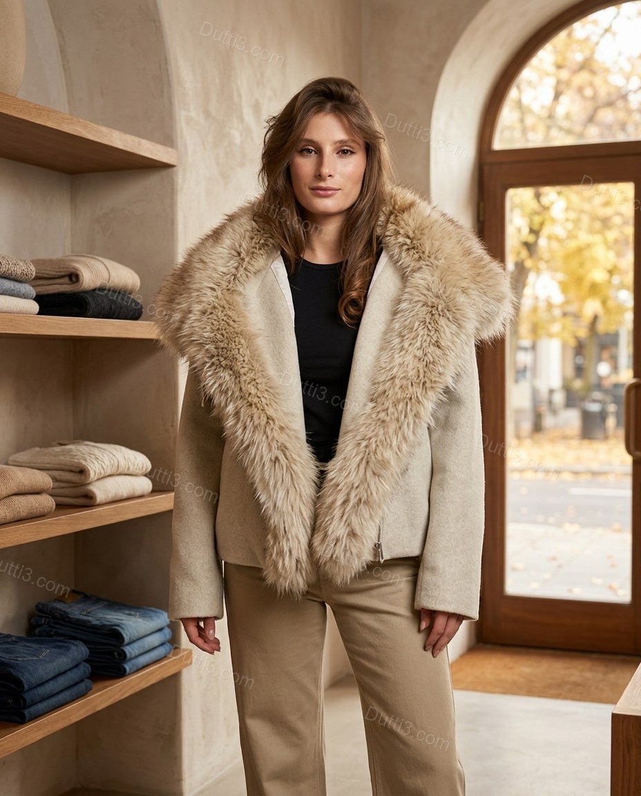 Warm Cream Ivory Jacket, full-length hero view, by Dutti3