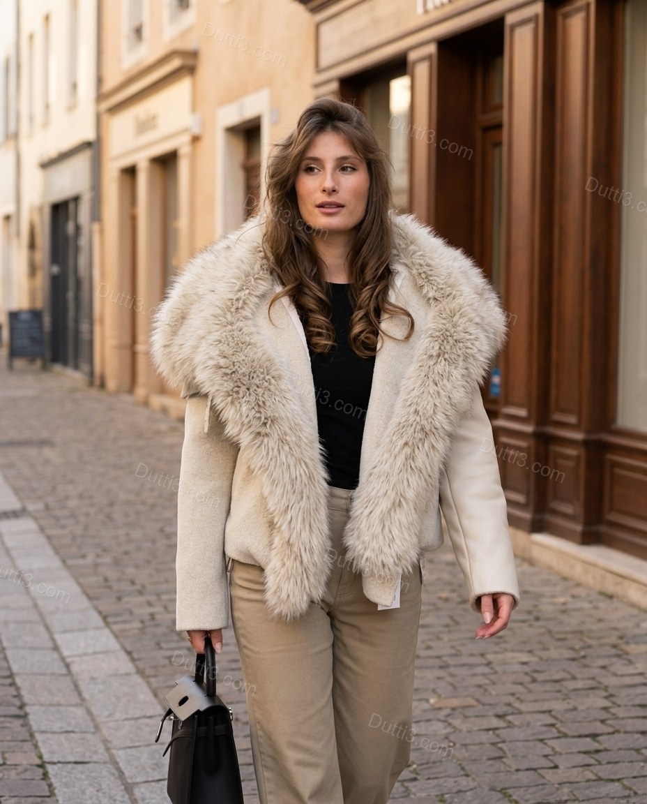 Warm Cream Ivory Jacket, movement and fit lifestyle view, by Dutti3