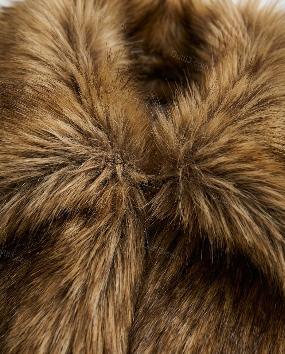 Mottled Warm Brown and Tan Jacket, close-up of darker brown fur and muted beige accents, thick shaggy fur-like collar and brown-tan mixed pile with darker tips, by Dutti3