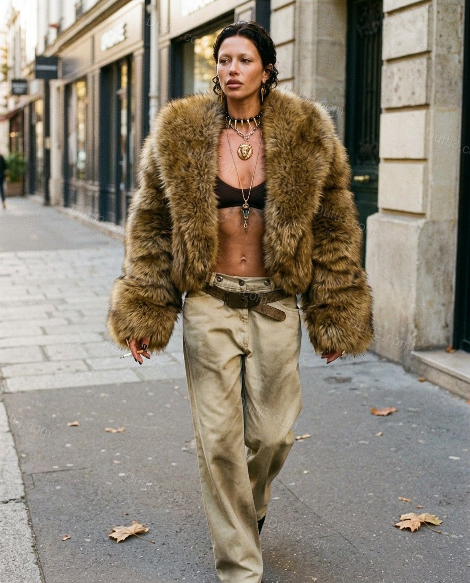 Mottled Warm Brown and Tan Jacket, movement and fit lifestyle view, by Dutti3