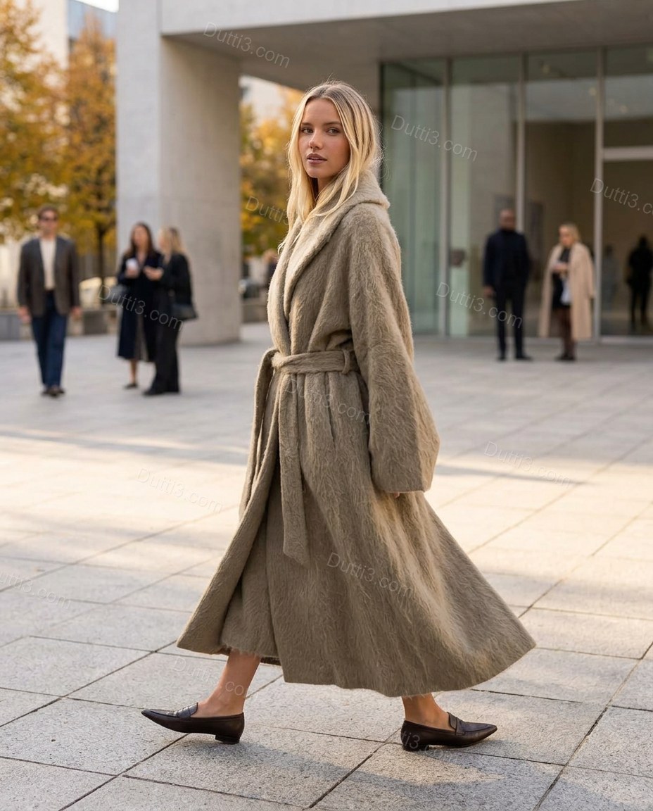 Muted Taupe Olive Coat, walking lifestyle view, by Dutti3