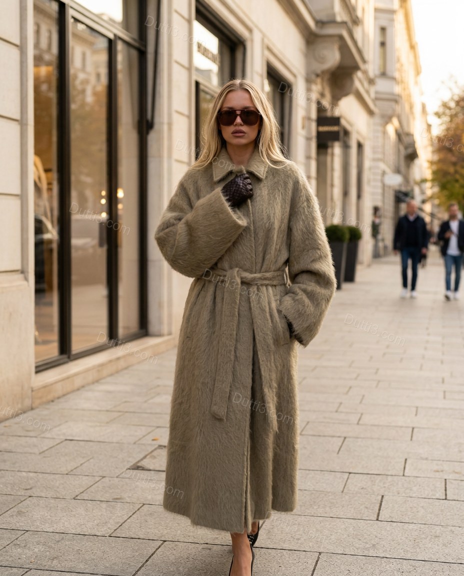Muted Taupe Olive Coat, three-quarter brand lifestyle view, by Dutti3