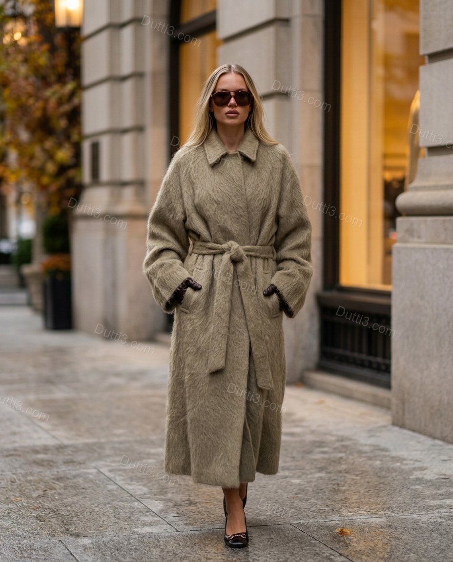 Muted Taupe Olive Coat, movement and fit lifestyle view, by Dutti3