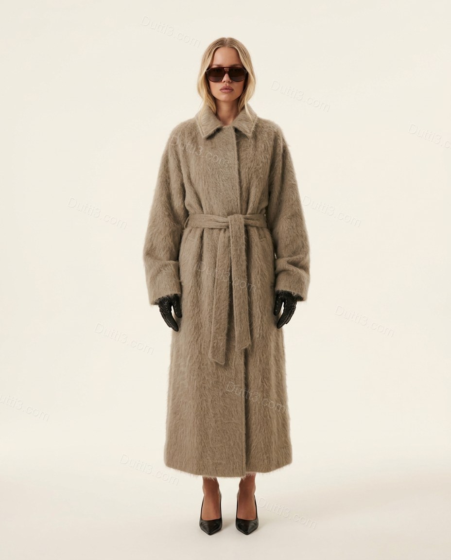Muted Taupe Olive Coat, front studio view, by Dutti3
