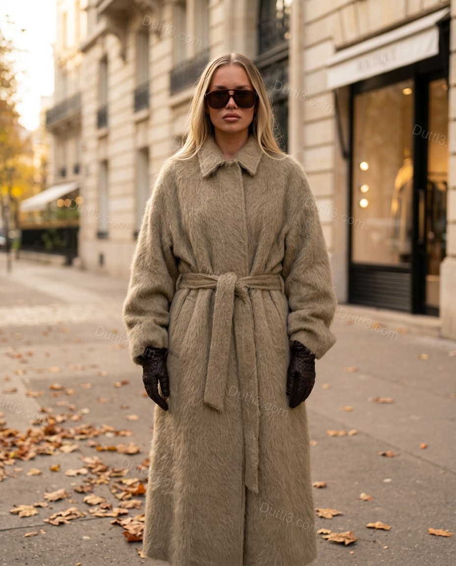 Muted Taupe Olive Coat, full-length hero view, by Dutti3